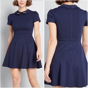 ModCloth Navy Spoken Sweetness Embroidered Fit Flare Skater Dress XXS
